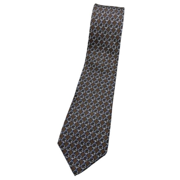 HERMÈS Men's 100% Silk Necktie LUXURY Tie 59 EA Brown Gray Chain W:3.2" EUC - Picture 1 of 5